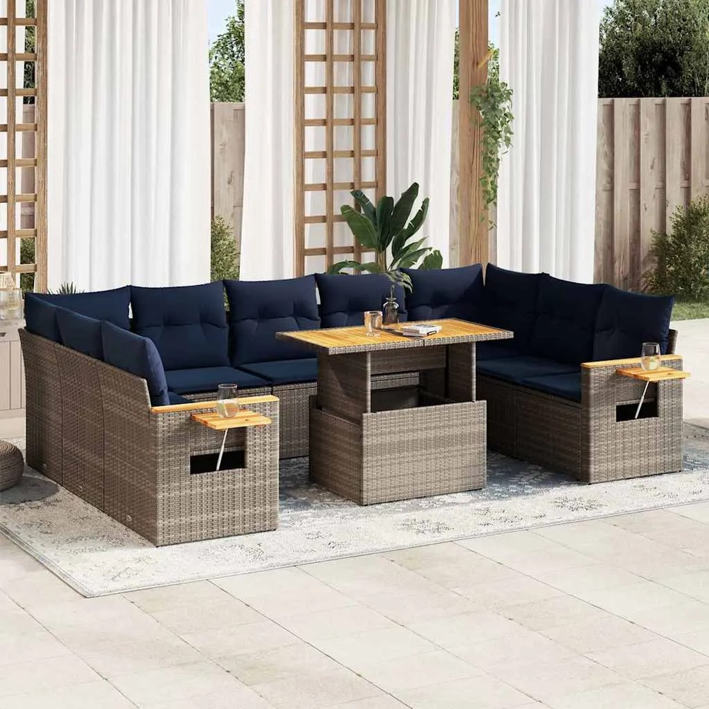 10 pcs conjunto sofás jardim almofadões vime PE/acácia cinzento