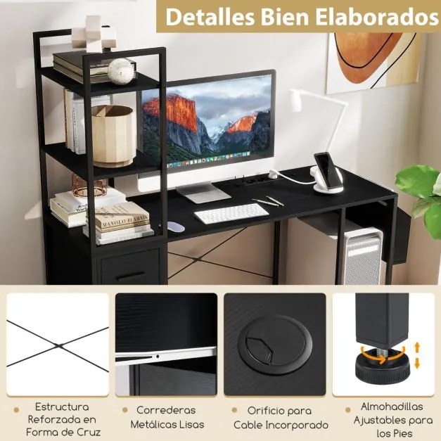 Secretária de escritório : 145 x 50 x 147,5 cm com luzes LED e tomadas elétricas Suporte para CPU e bolso de tecido preto