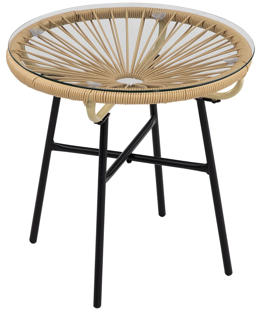 Outsunny Mesa Auxiliar de Vime Sintético para Exteriores com Bancada de Vidro Temperado e Pés de Metal Ø50x50 cm Bege e Preto