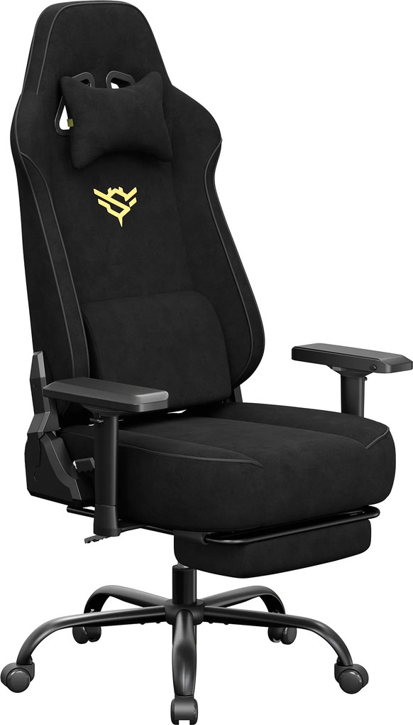 Cadeira gaming em imitação de camurça com apoio para os pés e braços 4D, até 200 kg, 72 x 72 x 125–135 cm, preta