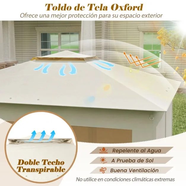 Pergula Instantânea para Jardim 337 x 337 CM Dobrável com Telhado Duplo com Rede Bolsa de Transporte Fácil Montagem Bege