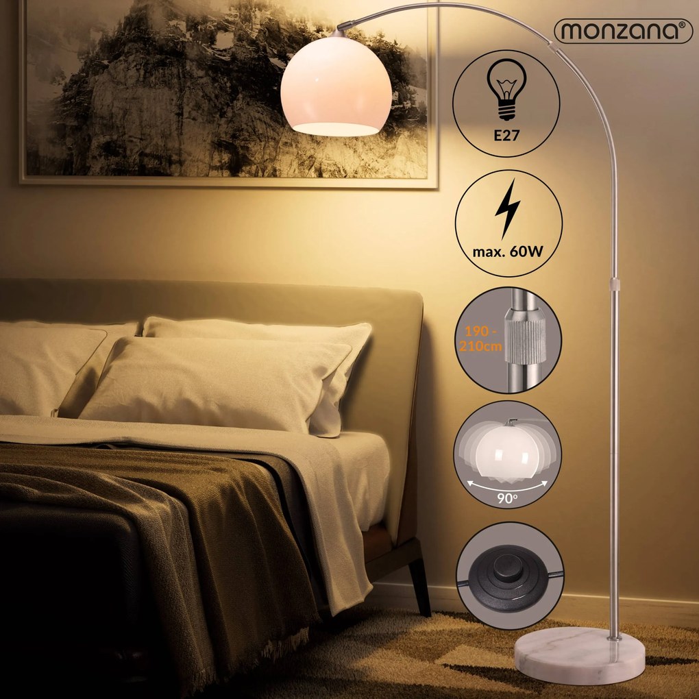 Candeeiro em arco de design 190-200 cm ajustável prateado/branco opalino