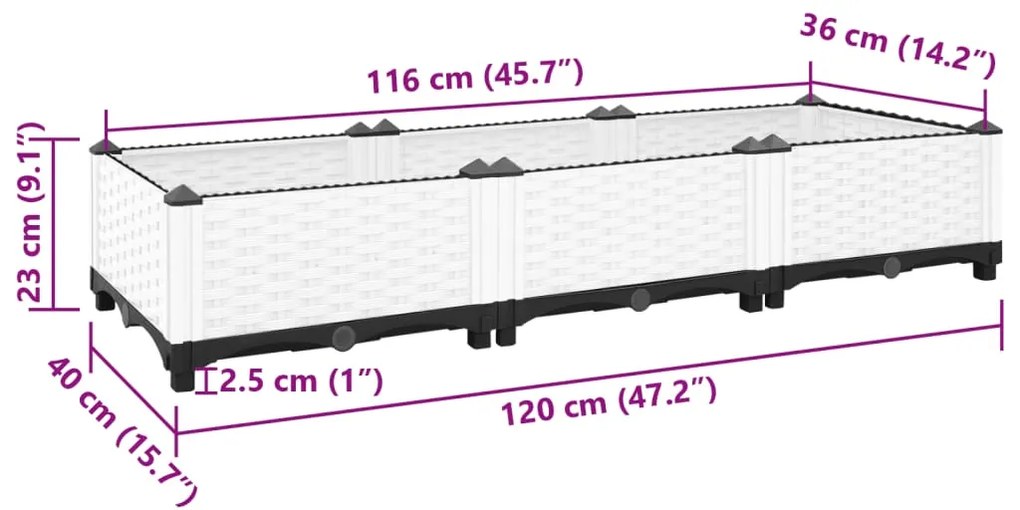 Canteiro elevado 120x40x23 cm polipropileno