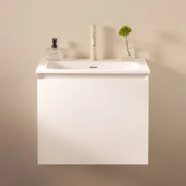 Conjunto De Móvel De Casa De Banho Suspenso Em Madeira Com Lavatório Integrado Macrae Branco & Sem Espelho & Tapioca Bege - Sklum