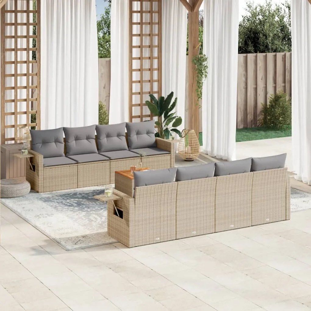 9 pcs conj. sofás jardim c/ almofadões vime PE bege misturado