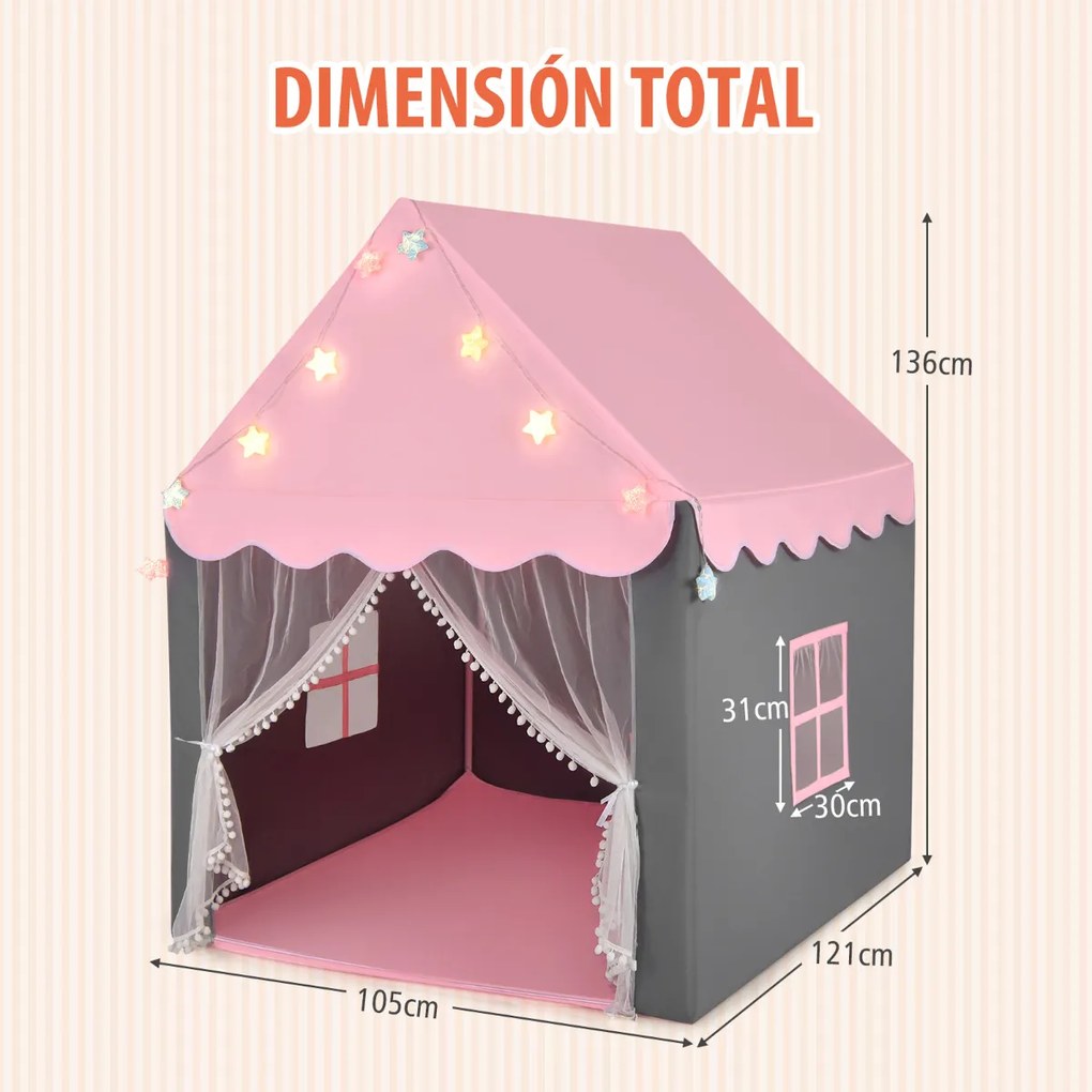 Tenda para crianças com tapete lavável Castelo de fadas com luzes Janelas 105 x 121 x 136 cm Rosa