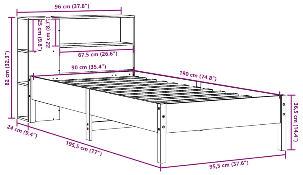 Cama com estante sem colchão 90x190cm pinho maciço castanho-mel