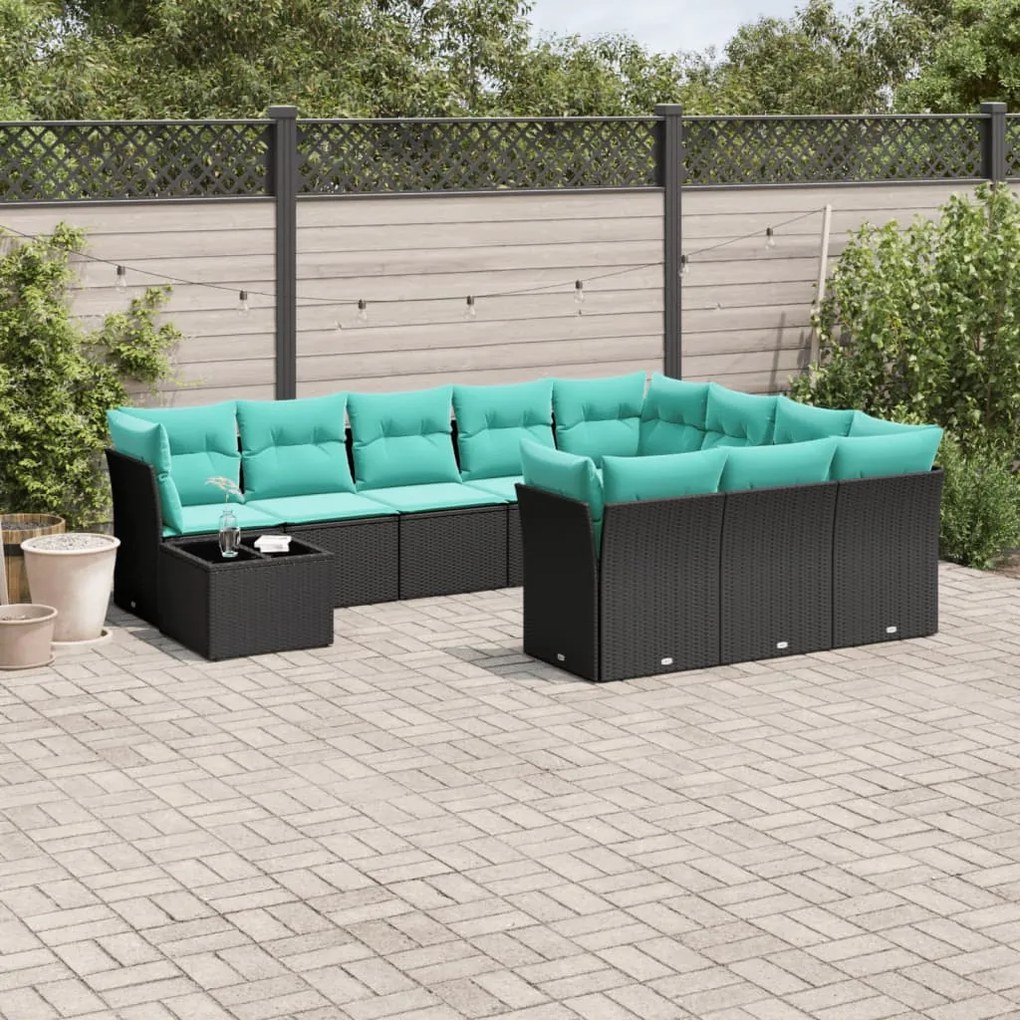 vidaXL 11 pcs conjunto sofás de jardim c/ almofadões vime PE preto