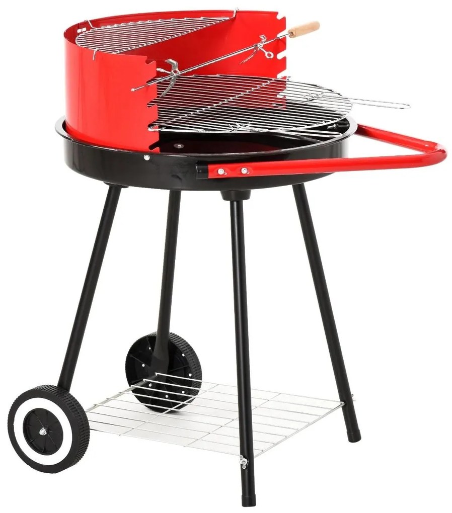 Outsunny Barbecue a Carvão com Rodas Grelha com Altura Ajustável e Prateleira de Armazenamento 51x70x75,5 cm Preto e Vermelho | Aosom Portugal