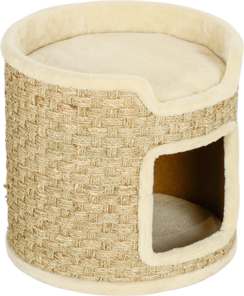 Barril Arranhador para Gatos 37 cm com Toca e Cama Superior em Sisal, Caqui