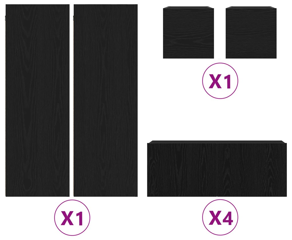 Kit com 8 Peças para TV , Montado na Parede, Carvalho Preto, Madeira d