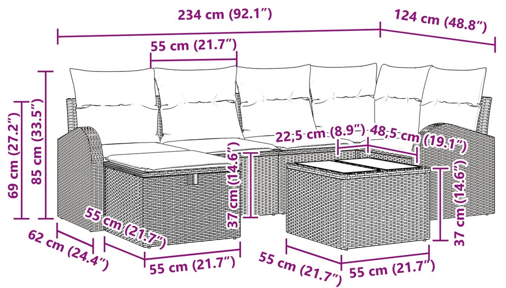 Conjunto de Sofás de Jardim de 7 Peças com Almofadas Preto Rattan Poli