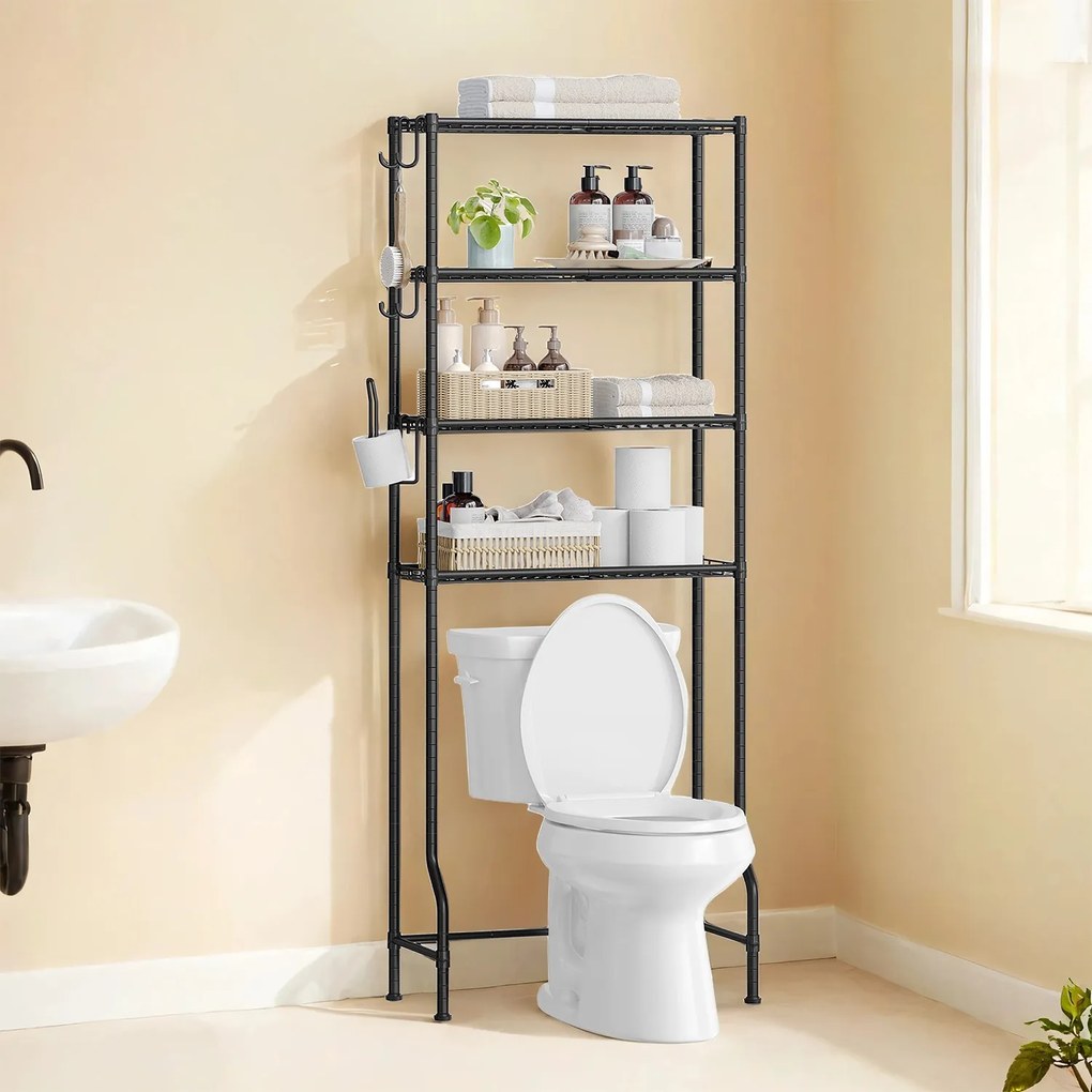 Estante para casa de banho sob sanita 30 x 63 x 176 cm com 4 prateleiras e ganchos Preto