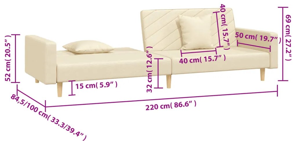 Sofá-cama 2 lugares com duas almofadas tecido cor creme