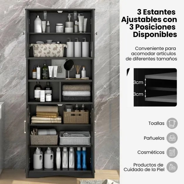 Armário de banho ou cozinha 60 x 30 x 145 cm  com portas e 3 cubos  para despensa com prateleiras ajustáveis Preto