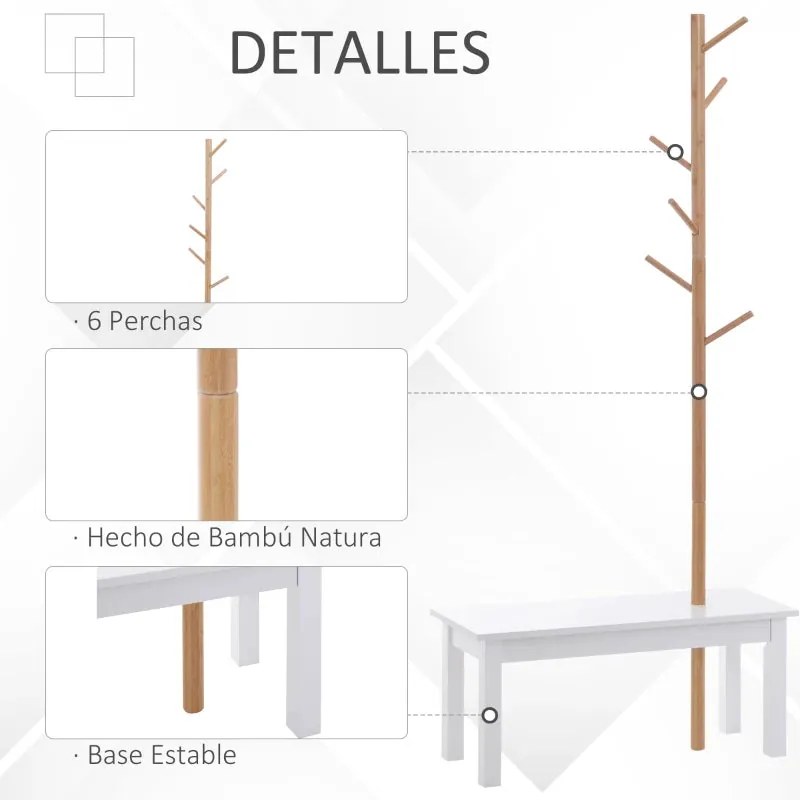 Cabide de Pé Sitten com Banco Integrado – 80x30x180 cm – Bambu e Branc
