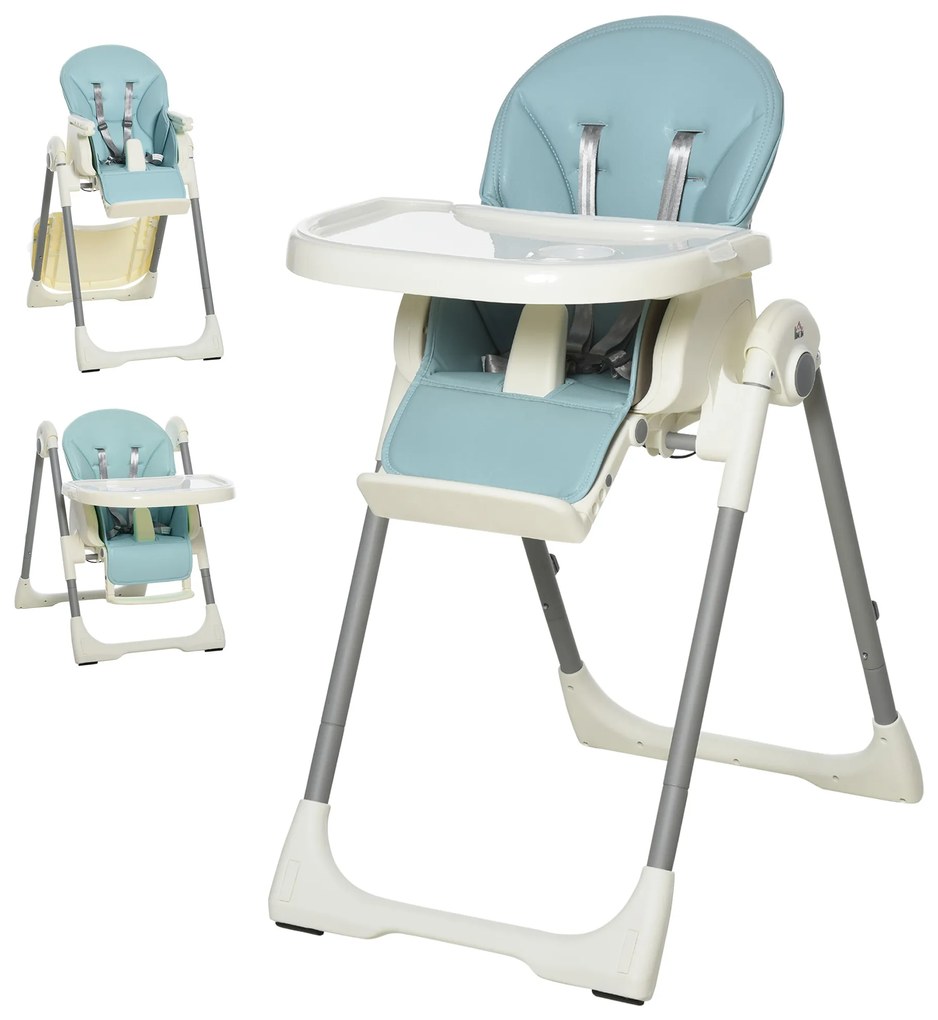 Cadeira de refeição ajustável e dobrável para bebê acima de 6 meses com bandeja dupla 55x80x104 cm azul