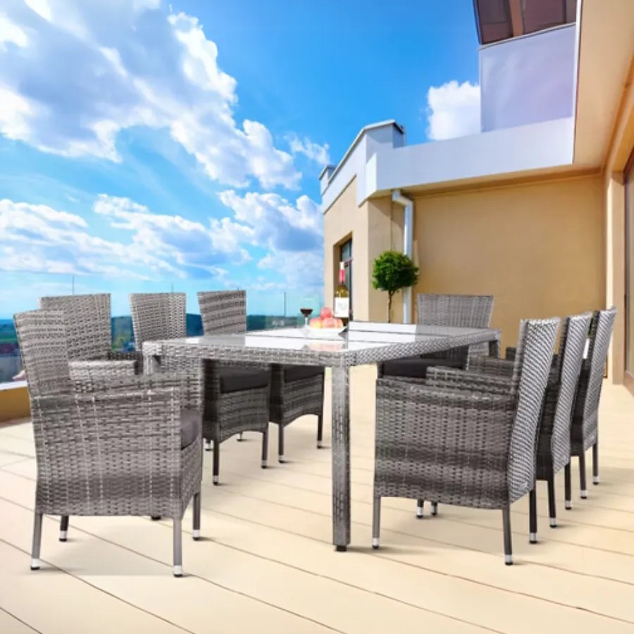 Conjunto de jardim em Polyrattan, 9 peças, empilhável cinzento