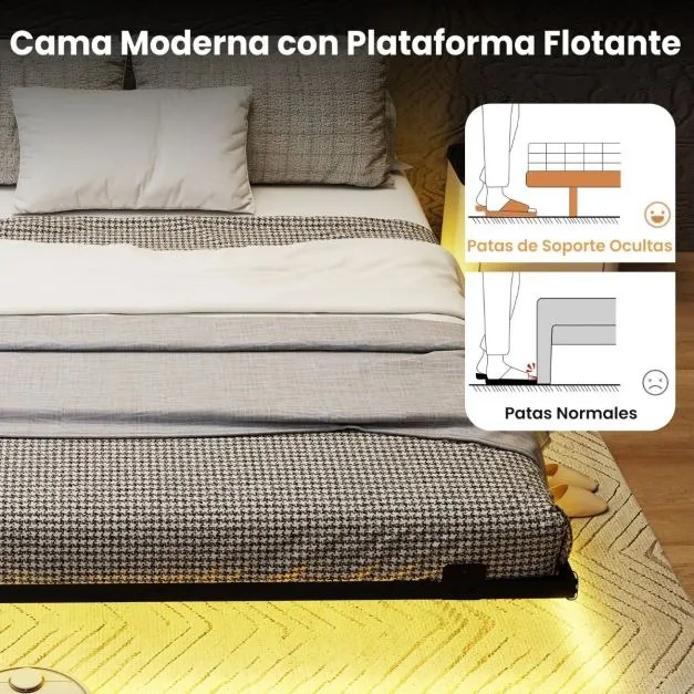 Estrutura de cama flutuante com luzes LED 200 x 160 x 24,5 cm de metal para colchão (COLCHÃO NÃO INCLUIDO) Base de ripas Somier preto