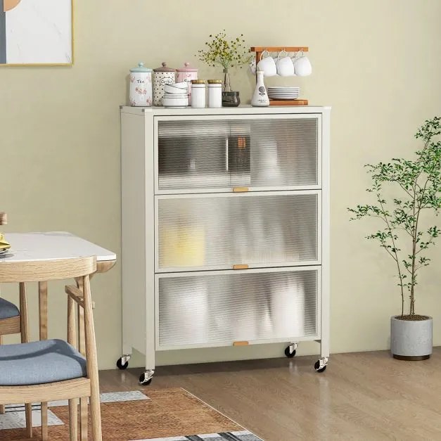 Estante de cozinha de 3 níveis com rodas com portas rebatíveis 81 x 37 x 115 cm branco