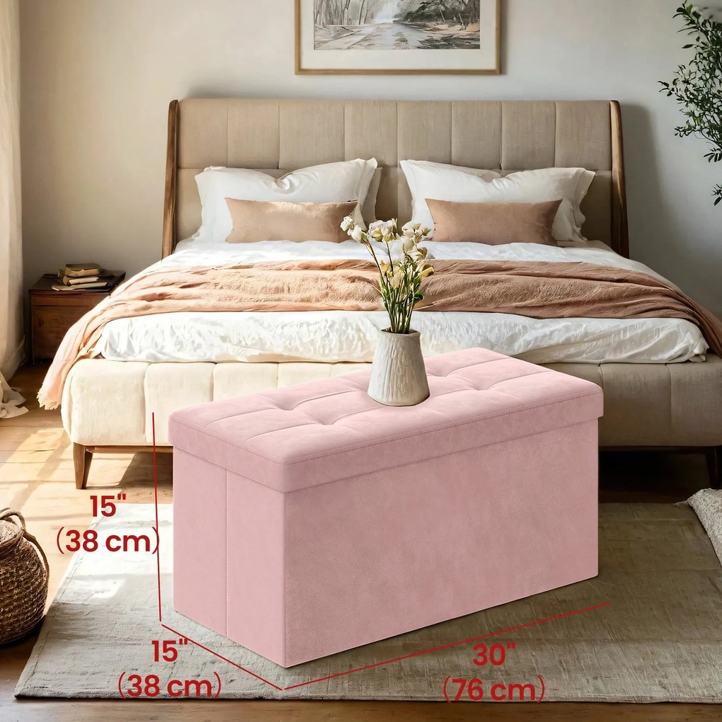 Banco com espaço de arrumação em veludo 38 x 76 x 38 cm rosa
