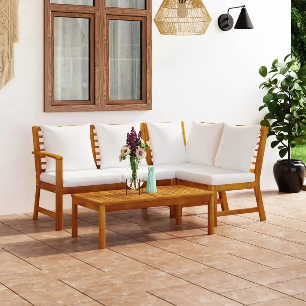 vidaXL 4 pcs conjunto lounge jardim c/ almofadões acácia maciça creme