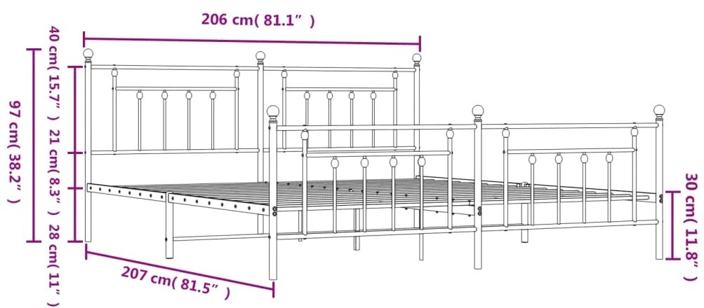 Estrutura de cama com cabeceira e pés 200x200 cm metal branco