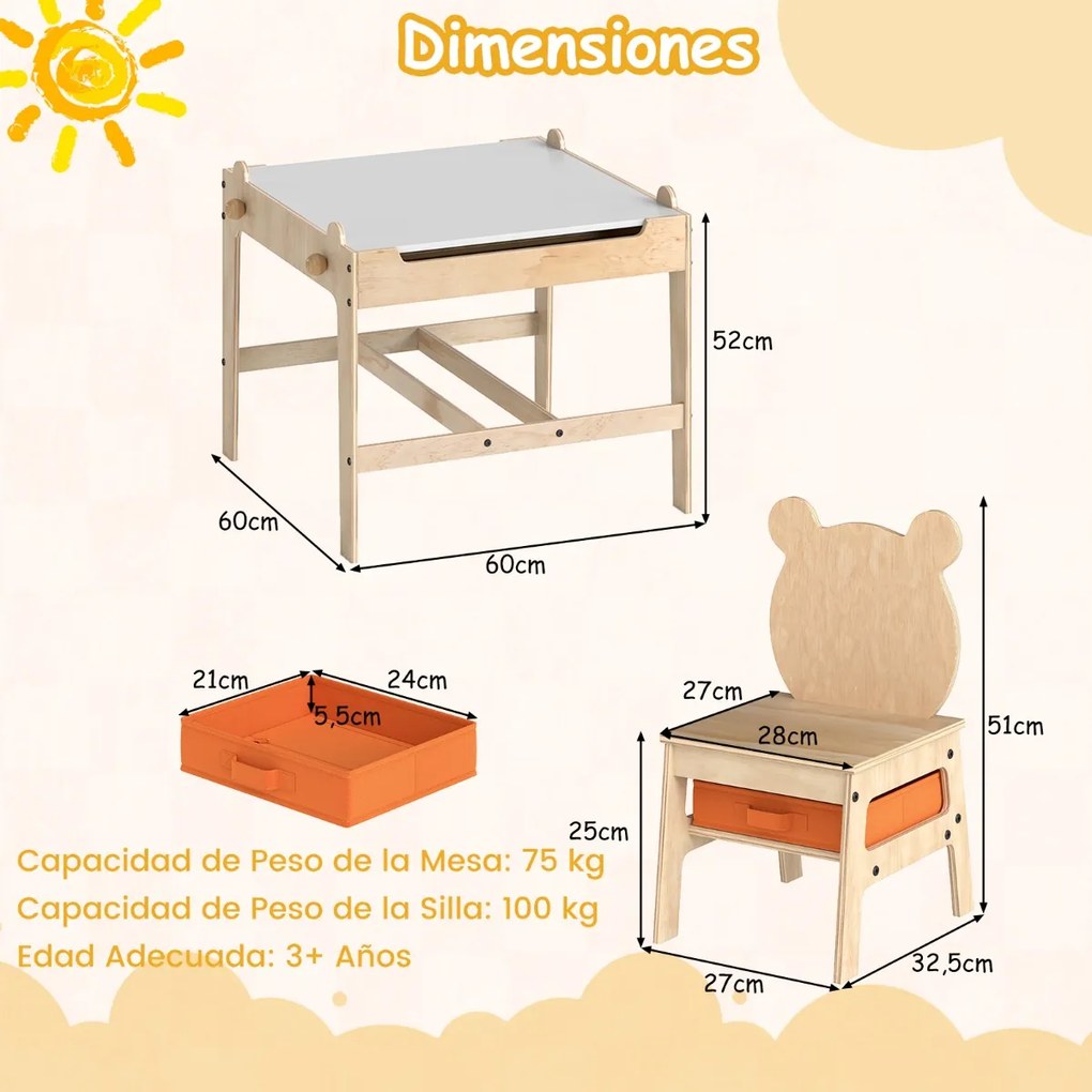 Conjunto de mesa e 2 cadeiras infantil 4 em 1 com quadro branco reversível e giz 2 gavetas de armazenamento Móvel de madeira Panda
