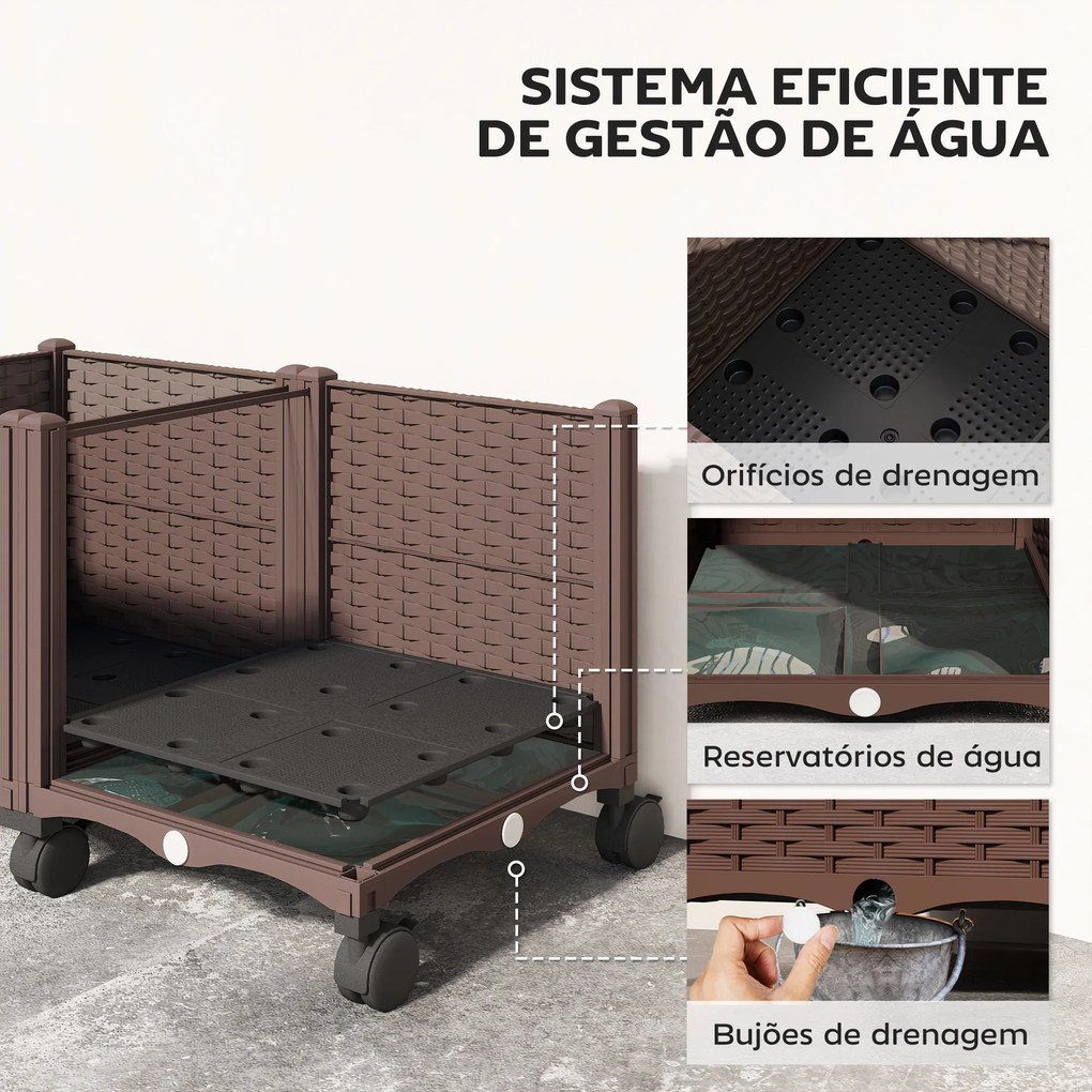 Floreira Elevada com 6 Rodas Autorrega e Drenagem Floreira para Jardim 80x40x43 cm Castanho