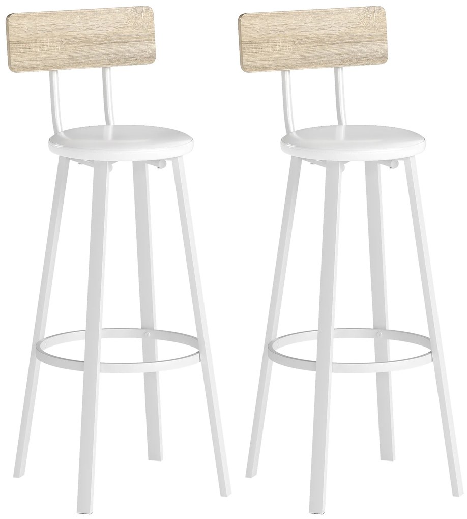 HOMCOM Conjunto de 2 Bancos de Bar Bancos Altos de Cozinha com Encosto e Apoio para Pés Estofados em PU Assento 41,5x36,5x99,5 cm Madeira e Branco | Aosom Portugal