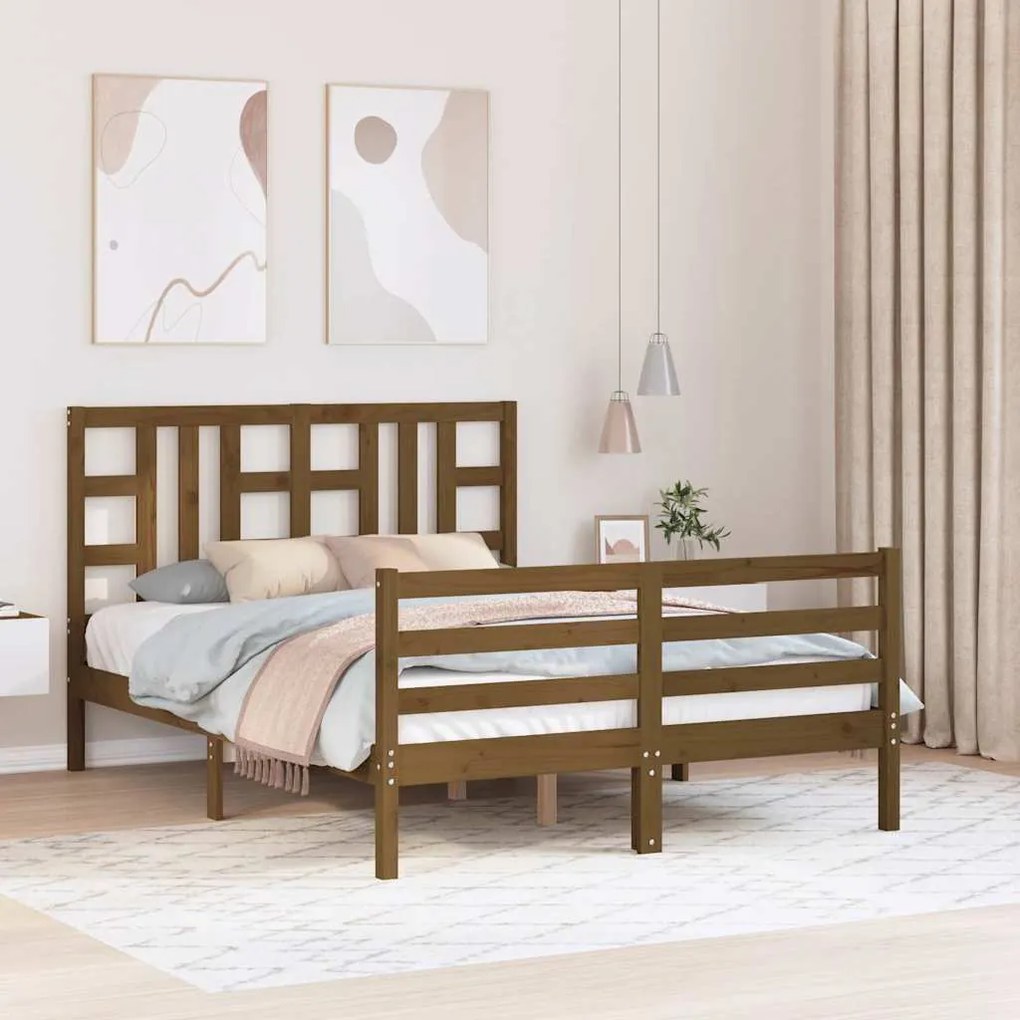 Estrutura cama casal com cabeceira madeira maciça castanho-mel