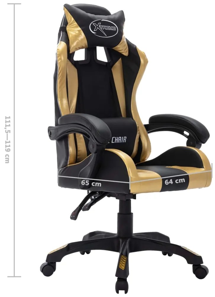 Cadeira estilo corrida luzes LED RGB couro artif. dourado/preto