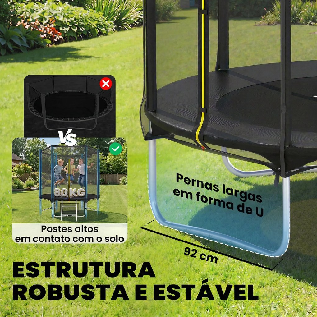 Trampolim para Crianças Exterior Ø183 cm com Rede de Segurança Escada de 2 Degraus Cobertura de Molas Saco de Armazenamento Preto