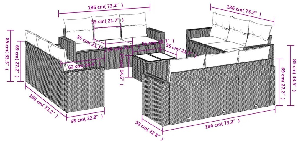 13 pcs conj. sofás jardim c/ almofadões vime PE cinzento-claro