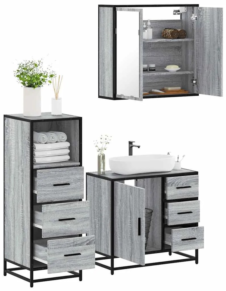 3 pcs Conjunto móveis casa de banho madeira proc. cinza sonoma
