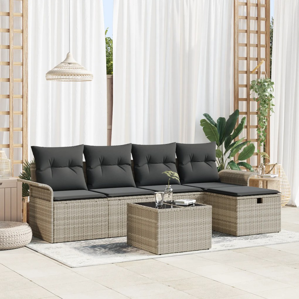 Conjunto de Sofá de Jardim de 6 Peças com Almofadas Cinza Claro de Rat
