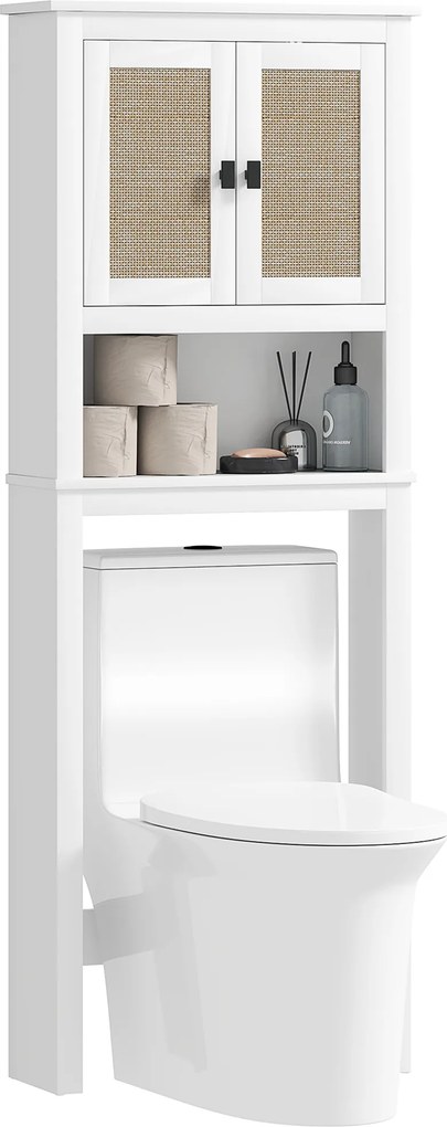 Móvel sobre Sanita Armário sobre Sanita com 2 Portas com Frente em Vime Compartimento e Prateleira Ajustável 60x19,5x160 cm Branco
