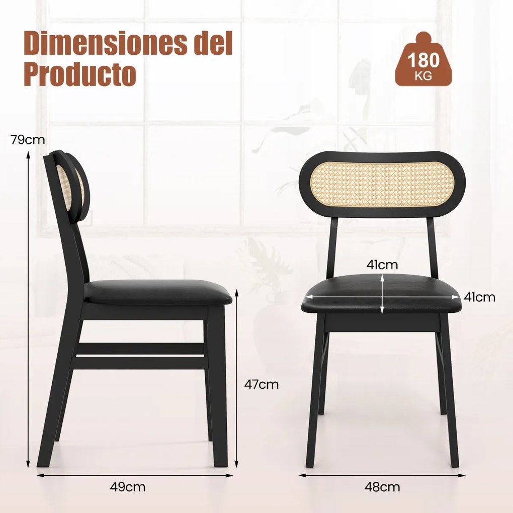 Conjunto de 2 cadeiras de jantar de madeira para interior com assento almofadado e encosto de cozinha em rattan com cobertura em pele sintética Preto