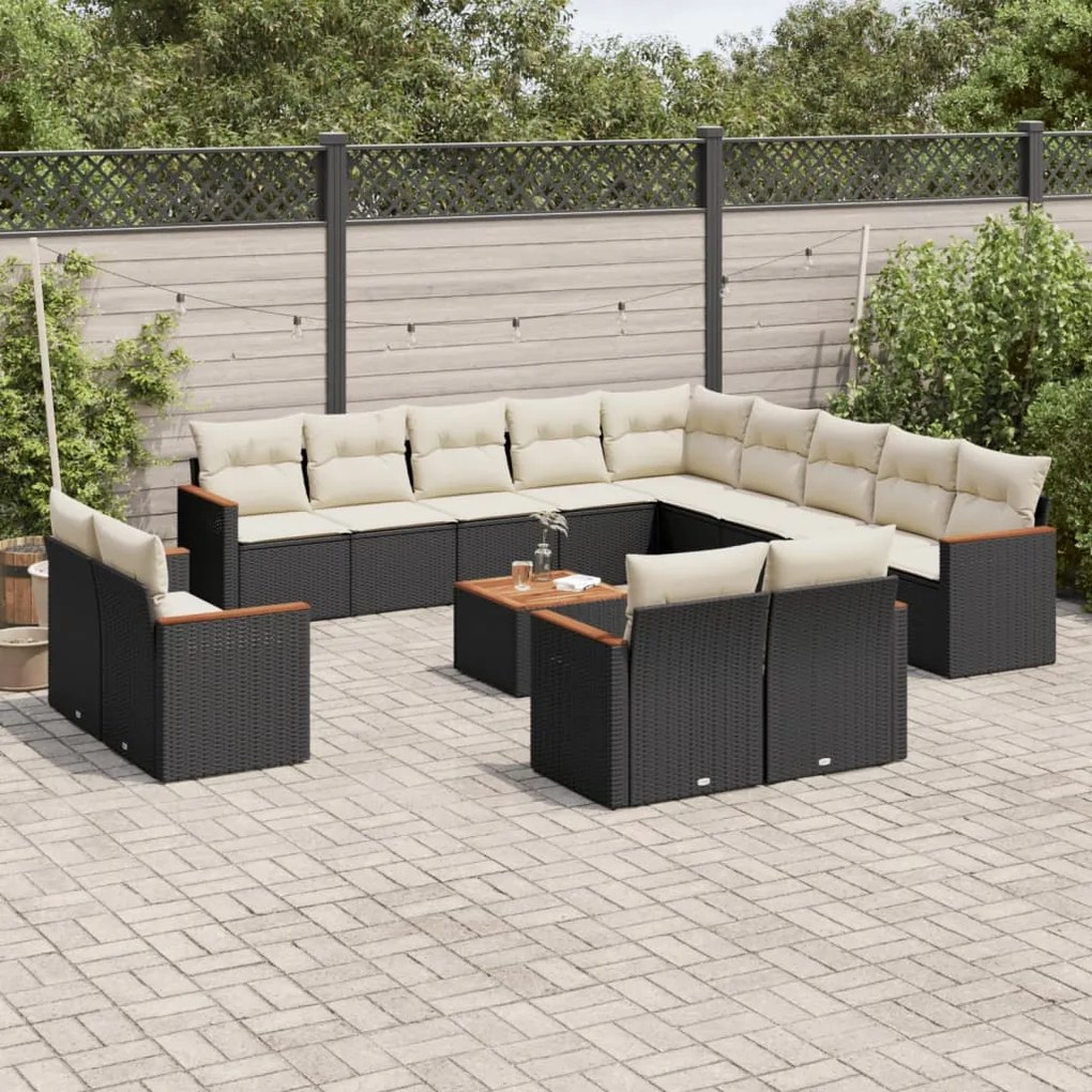 14 pcs conjunto de sofás p/ jardim c/ almofadões vime PE preto