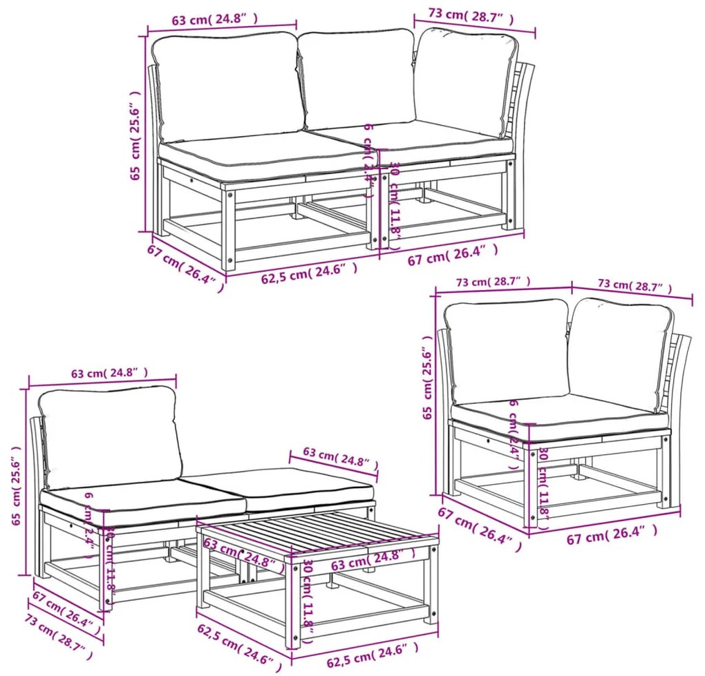 6 pcs conjunto lounge jardim c/almofadões madeira maciça acácia