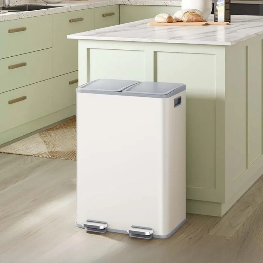 Caixote do lixo de cozinha com dois compartimentos e tampa de fecho suave em aço 47,6 x 37,7 x 66,9 cm Branco