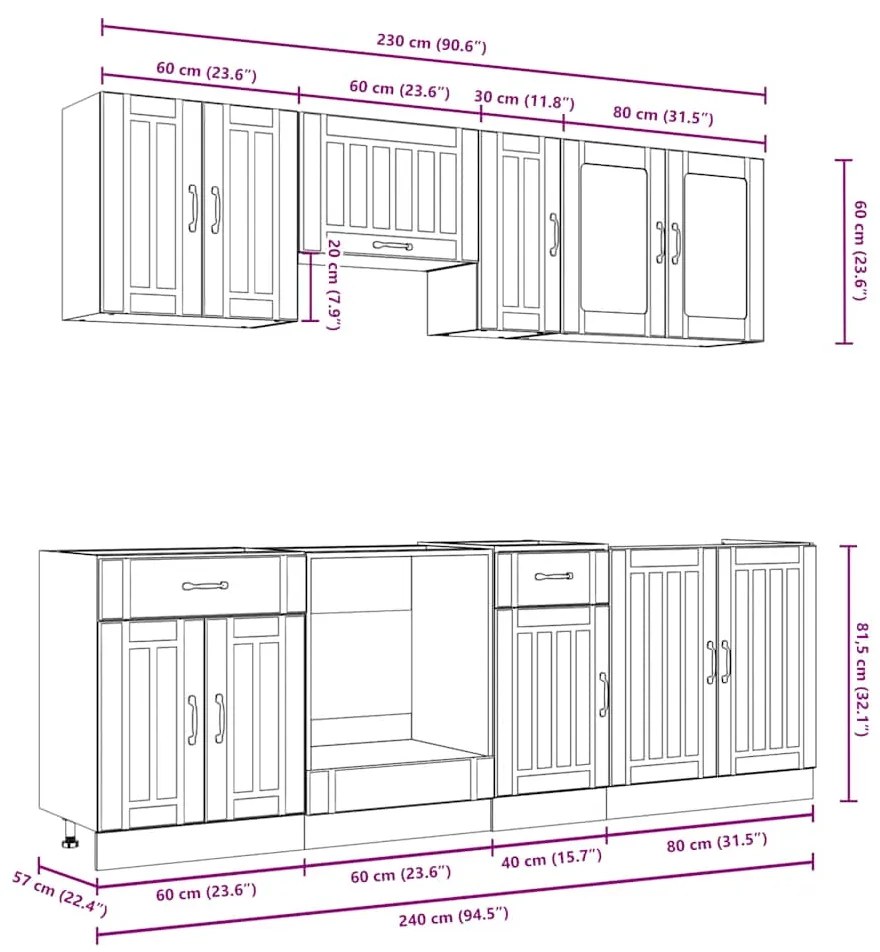 8 peças armário de cozinha conjunto Kalmar branco brilhante