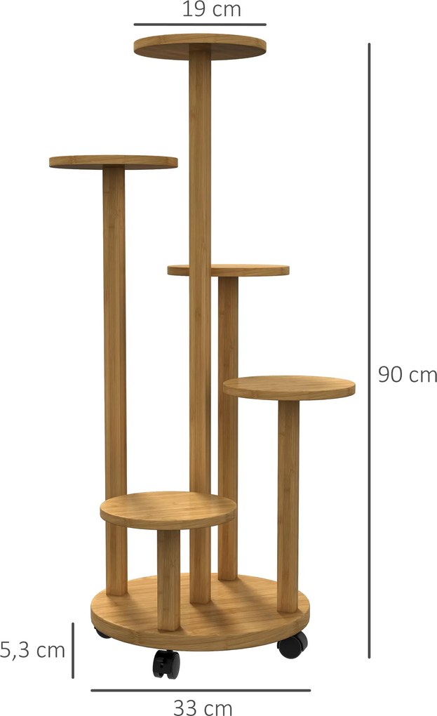 Suporte para Plantas em Bambu com Rodas de 5 Níveis Estante Redonda para Plantas para Cantos 33x33x90 cm Madeira
