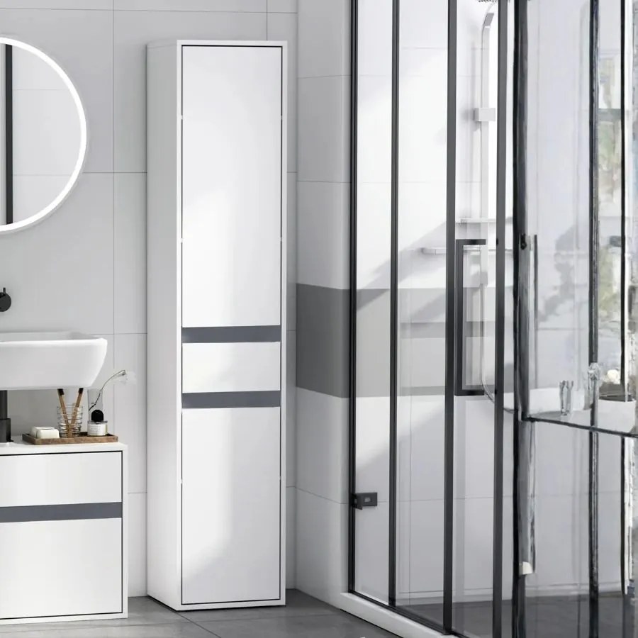 Móvel de coluna para arrumação na casa de banho, estilo contemporâneo, com 2 armários, 3 prateleiras e uma gaveta deslizante, em painéis de aglomerado
