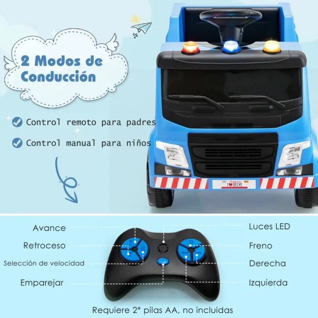 Carrinho de reciclagem de lixo elétrico 12V para crianças de 3 a 8 anos com luzes musicais com controle remoto 85 x 51 x 58 cm Azul