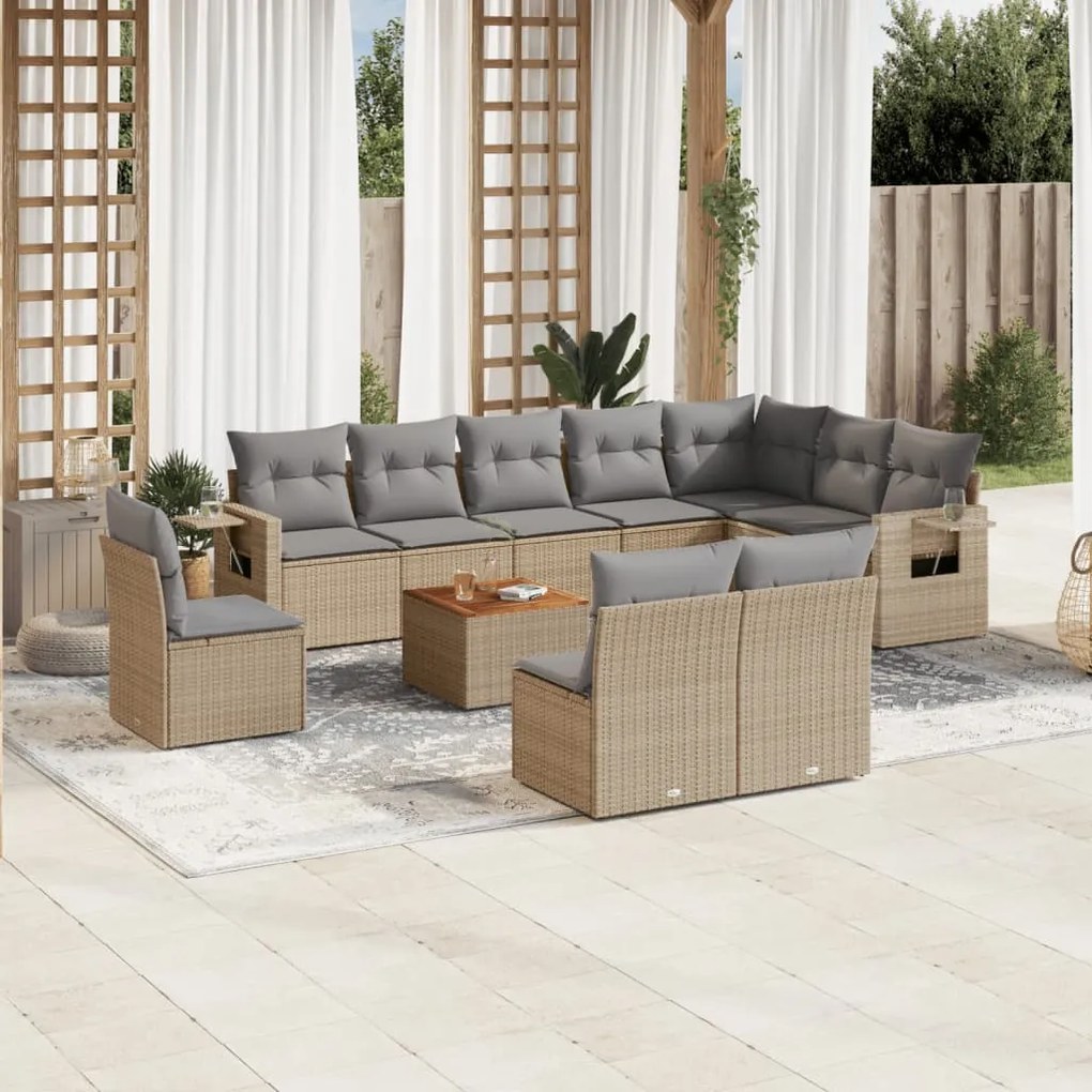 vidaXL 11 pcs conj. sofás jardim c/ almofadões vime PE bege misturado