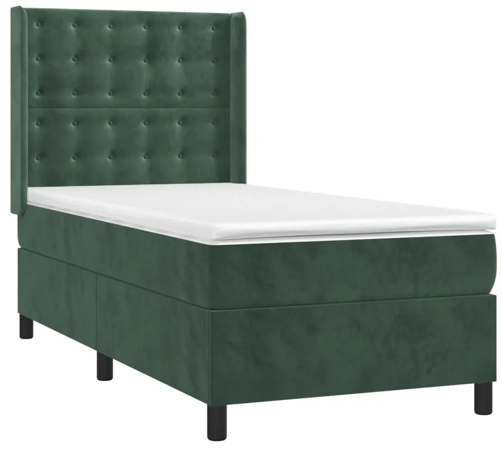 Cama box spring c/ colchão/LED 90x190 cm veludo verde-escuro