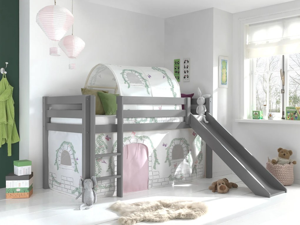 Conjunto Cama alta de Criança PINO 90 x 200 cm + estrado + escada + escorrega + tunel + cortina Passaros Cinzenta