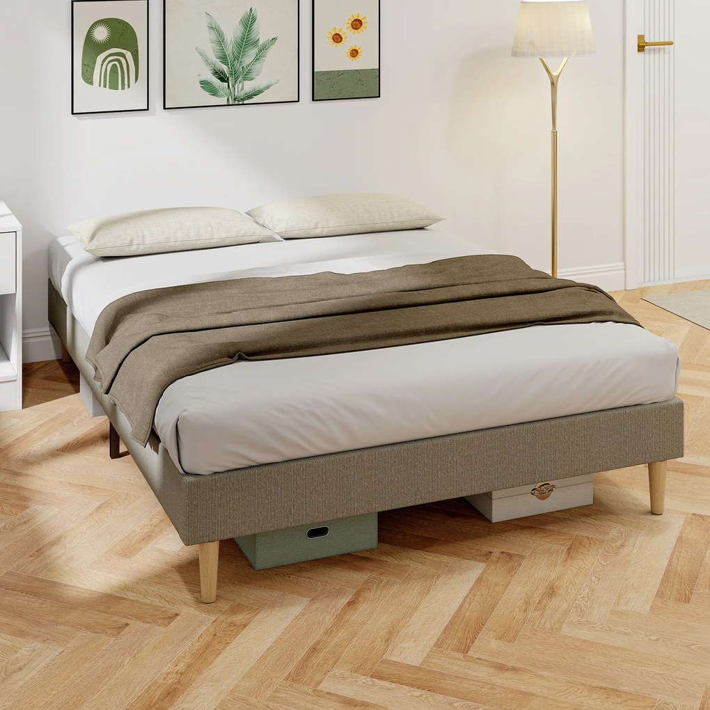 Estrutura de cama de 140 x 190 cm com base de ripas de madeira (COLCHÃO NÃO INCLUIDO), cama de casal estofada em veludo canelado, cinzenta