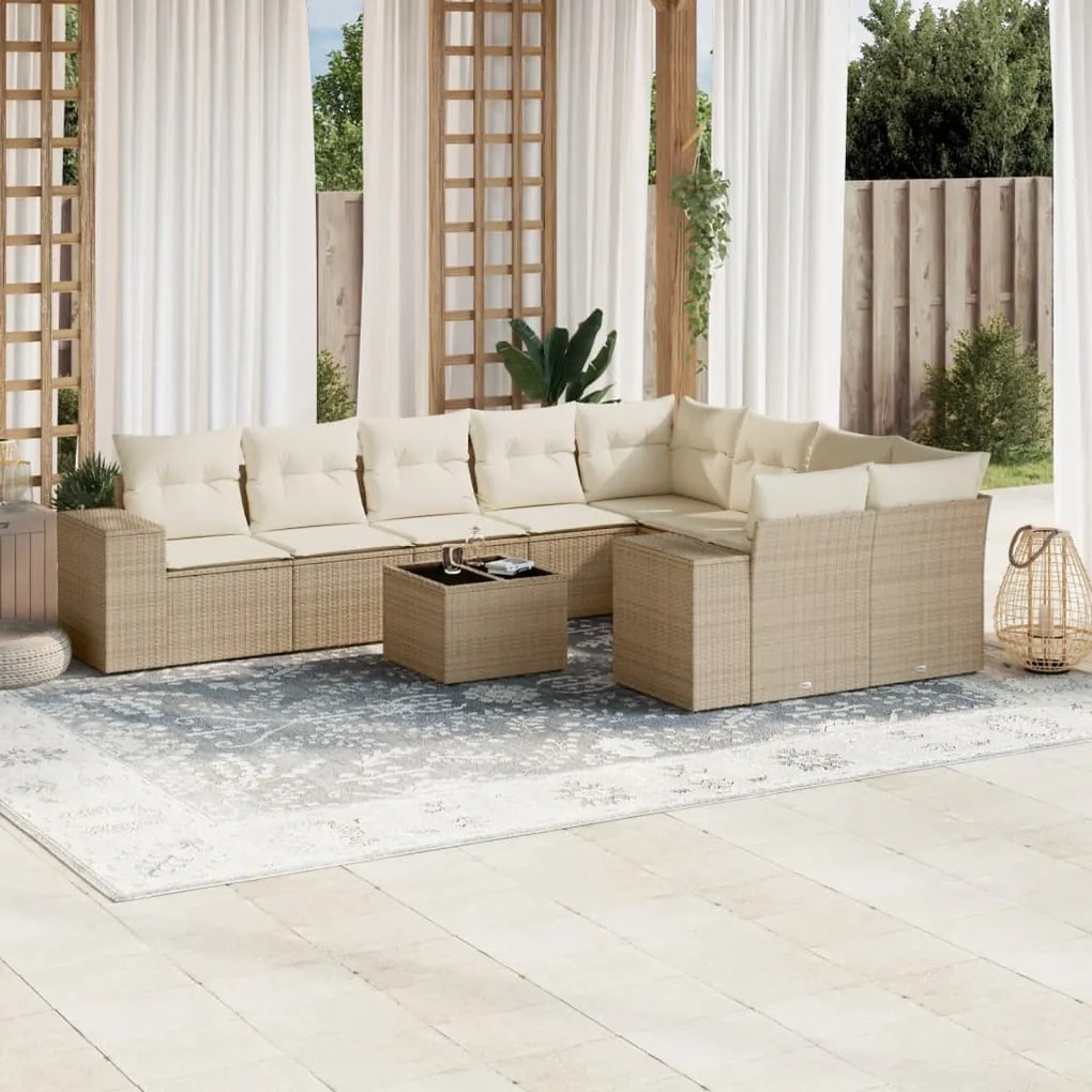 10 pcs conjunto de sofás p/ jardim com almofadões vime PE bege